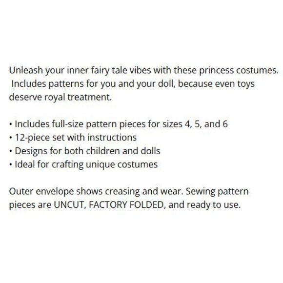 McCalls M5731 Misses Childrens & Dolls Princess Costumes Sewing Pattern 4-5-6 - Picture 4 of 4